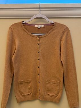 Boden Camel Button-Front Crewneck Cardigan